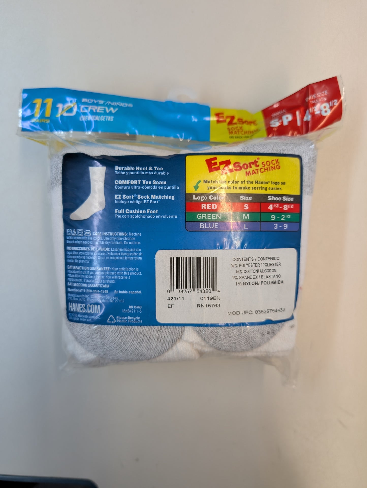 Hanes 421/11 Boys EZ-Sort 11-Pack Crew Socks White Fits Shoe Sizes 4.5 - 8.5