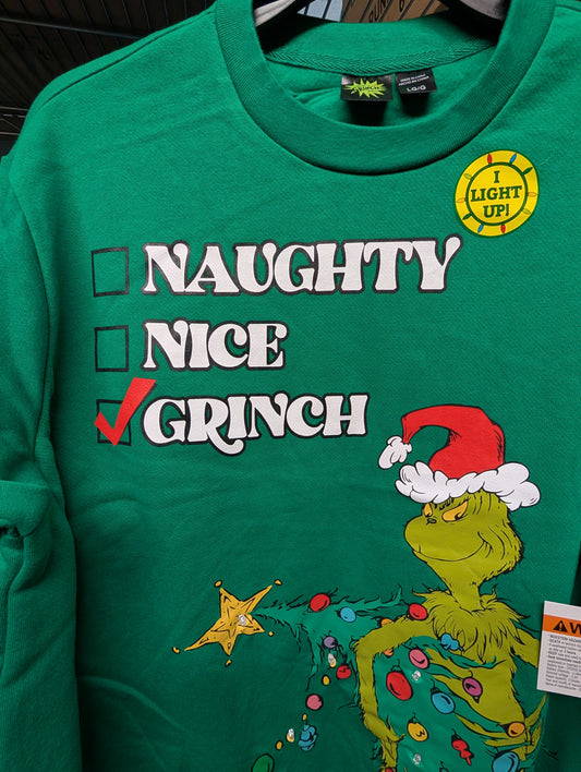 Mad Engine Dr Seuss The Grinch Men's Light Up Crewneck Ugly Christmas Sweatshirt (Pick Size)