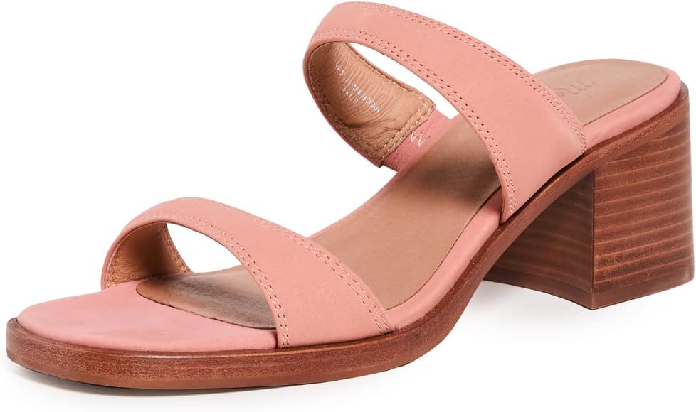 Madewell NK025 Women's Saige Double-Strap Heeled Mules Sandal in Nubuck Leather Dried Rose (Pick Size)