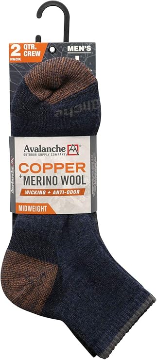 Avalanche Men's Odor Resistant Copper Wool Blend Quarter Socks 2-Pack Navy & Charcoal Shoe Sizes 6-12