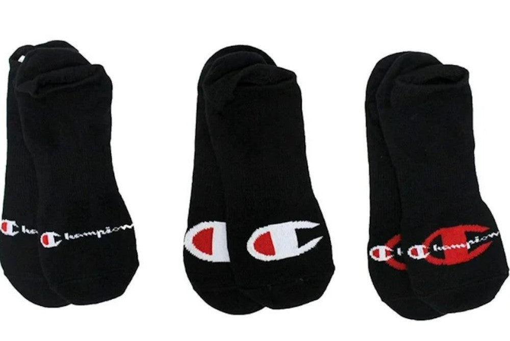 Champion A3344 Men's Multi Logo Super No Show Socks Black 3-Pack Fits Shoe Sizes 6-12