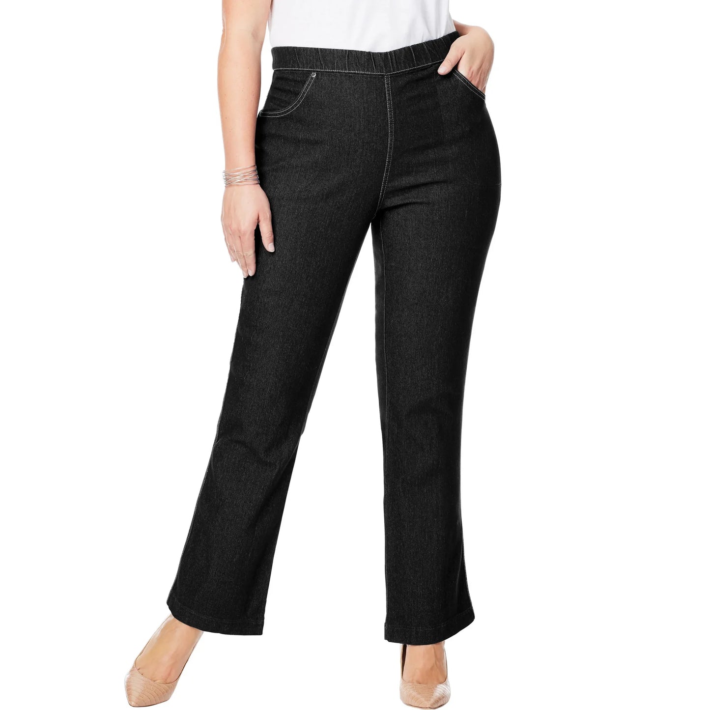 Just My Size JP3962 Womens Plus Size Bootcut 4 Pocket Pull On Stretch Jeans PETITE Length Black Denim (Pick Size)
