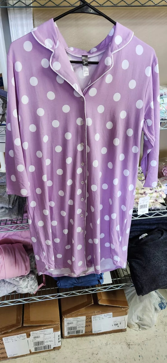 PJ Couture 83146 Women's One Piece Button Down Sleep Shirt Pajama PJ Lilac Dots (Pick Size)