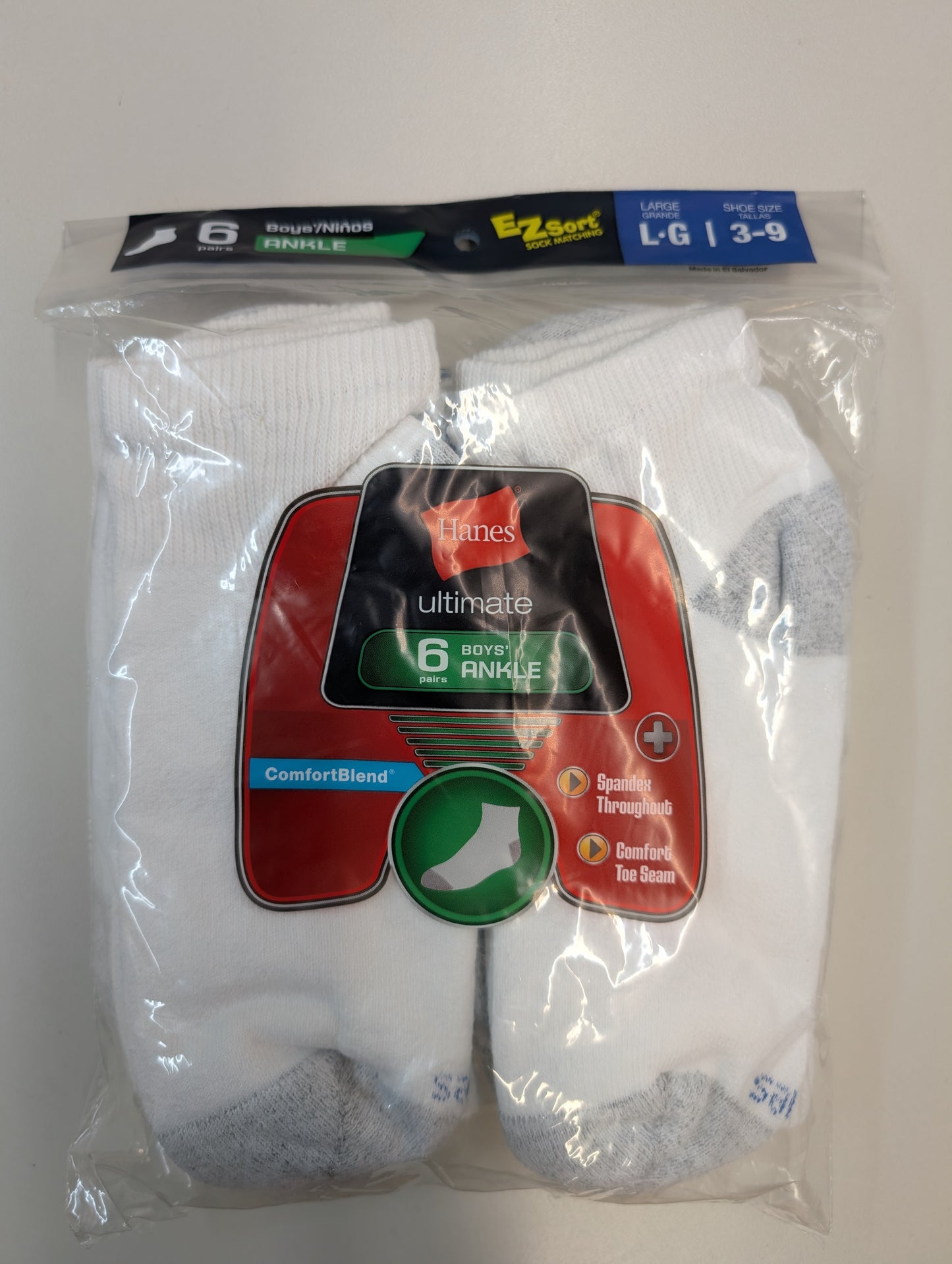 Hanes 362/6 Ultimate 6-Pack Ankle Socks White Large (Youth Shoe Sizes: 3 - 9)