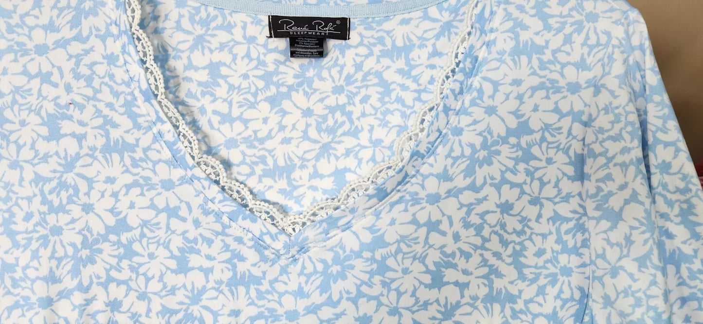 Rene Rofe N586805 Women's One Piece Lace Sleep Shirt Pajama PJ Blue White Floral (Pick Size)