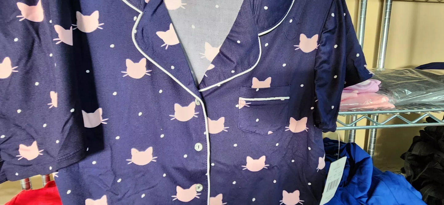 PJ Couture 83138 Women's Two Piece Shorts Top Sleepwear Pajama PJ Sets Navy Cats (Pick Size)