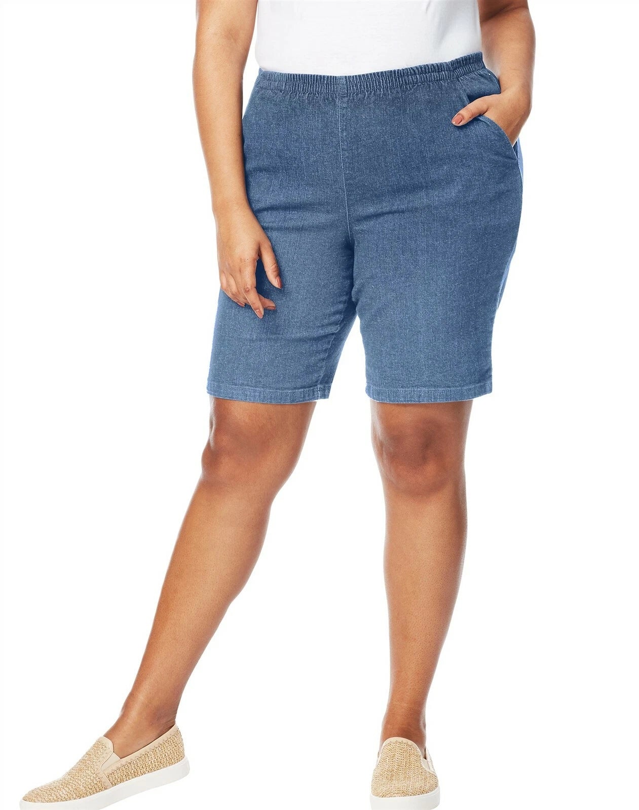 Just My Size 29357 Women's Plus Size Stretch Denim 2-Pocket Pull-On Shorts Light Blue Anchor (Pick Size 1X-5X)