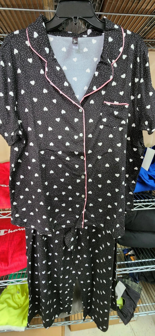 PJ Couture 83133 Women's Two Piece Pants Top Notch Short Sleeve Shirt Pajamas Black w/ Hearts (Pick Size Small - 3XL)