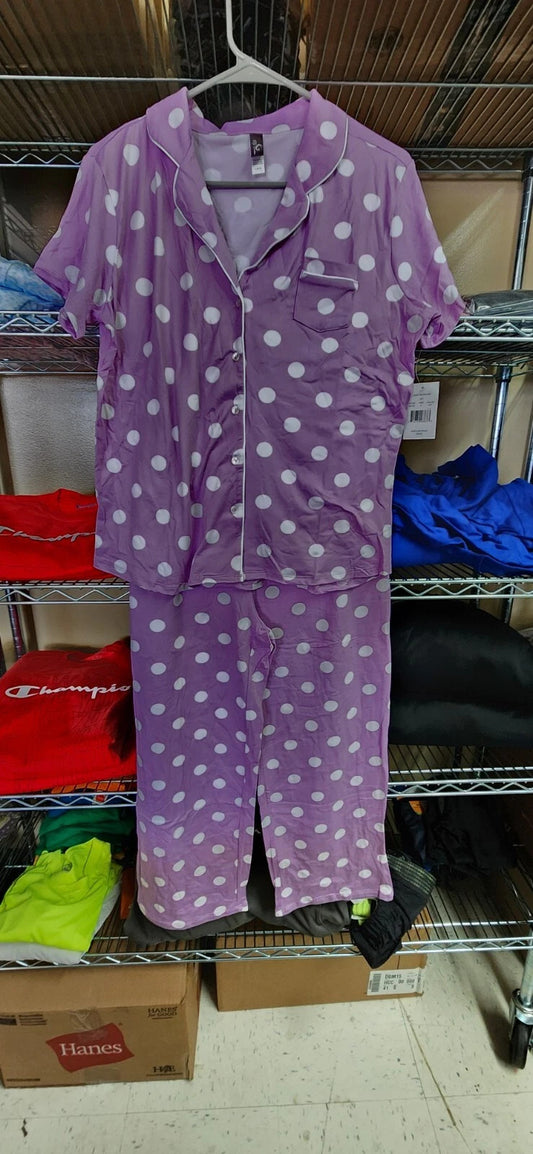 PJ Couture 83133 Women's Two Piece Pants Top Notch Short Sleeve Shirt Pajamas Lilac Dots (Pick Size Small - 3XL)