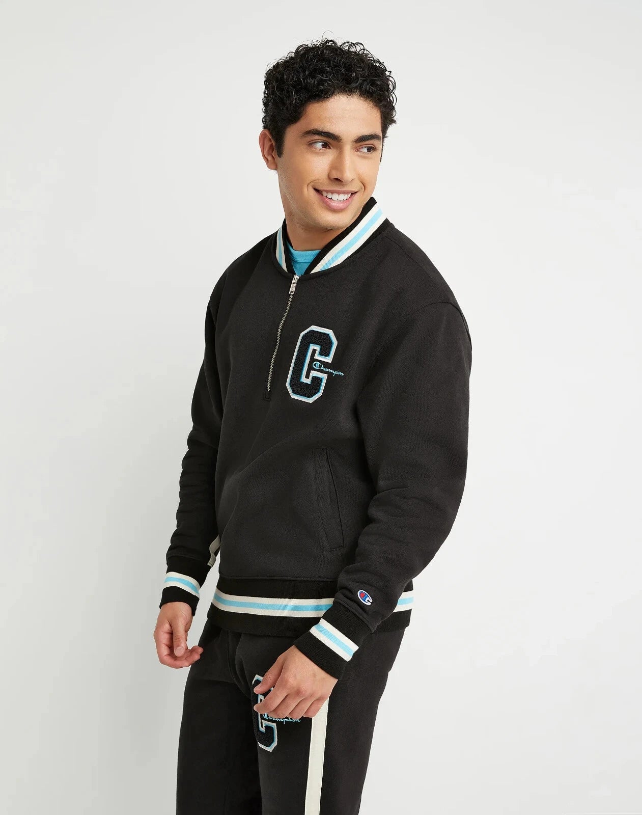 Champion V74895 Men's Champion Reverse Weave 1/4 Zip Embroidered Track Letter Jacket Black (Pick Size)