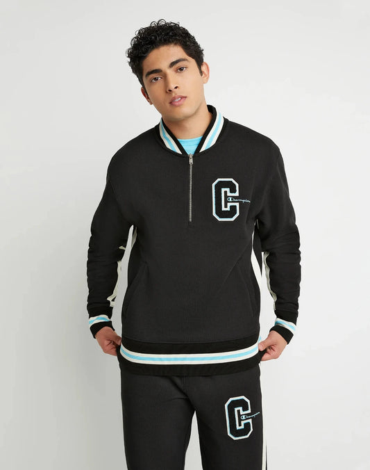 Champion V74895 Men's Champion Reverse Weave 1/4 Zip Embroidered Track Letter Jacket Black (Pick Size)
