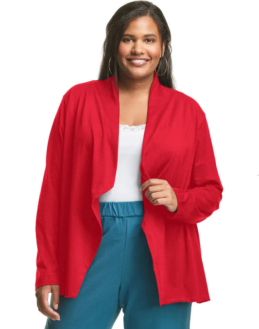 JMS Knit Studios Jersey Lightweight Open Swing Matchable Plus Size Cardigan Sweater Fire Roasted Red (Pick Size 1X-5X)