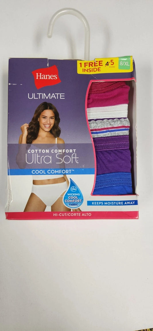 Hanes 43K5FA Ultimate 100% Cotton 5-Pack Comfort Hi-Cut Panties Briefs Size 8 X-Large