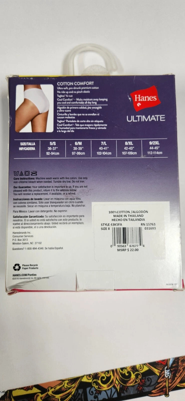 Hanes 43K5FA Ultimate 100% Cotton 5-Pack Comfort Hi-Cut Panties Briefs Size 8 X-Large