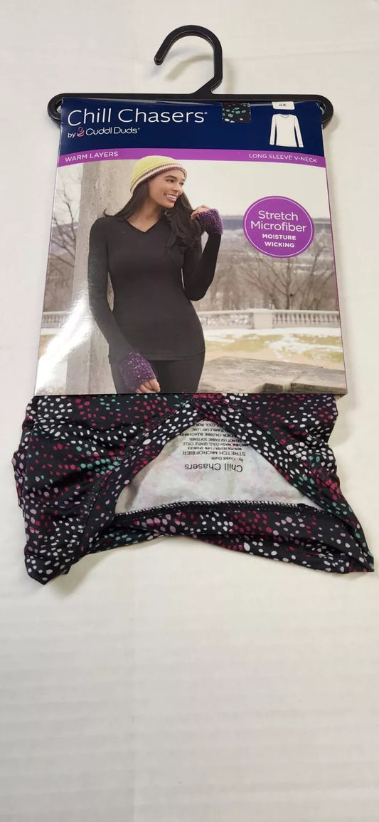 Cuddl Duds CD9585 Women's Chill Chasers Warm Layers Long Sleeve V-Neck Shirt Dot Print (Pick 1X - 3X)