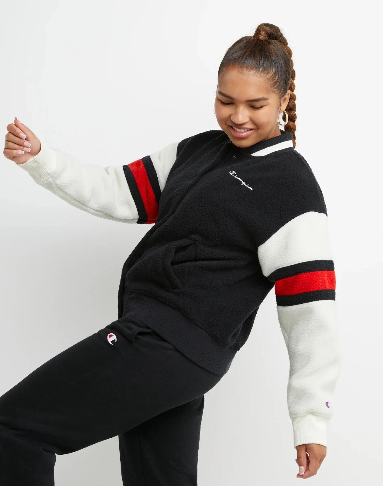 Champion JL4546 Women's Teddy Fleece Bomber Jacket Coat Embroidered Black (Pick Size)