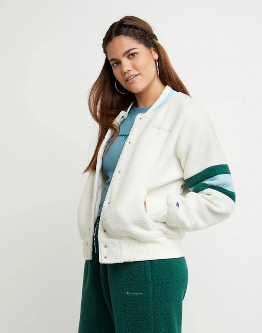 Champion JL4546 Women's Teddy Fleece Bomber Jacket Coat Embroidered White (Pick Size)