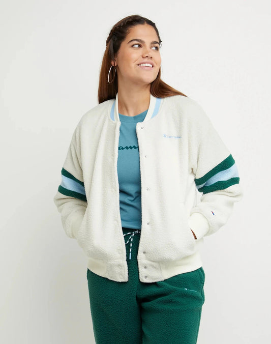 Champion JL4546 Women's Teddy Fleece Bomber Jacket Coat Embroidered White (Pick Size)