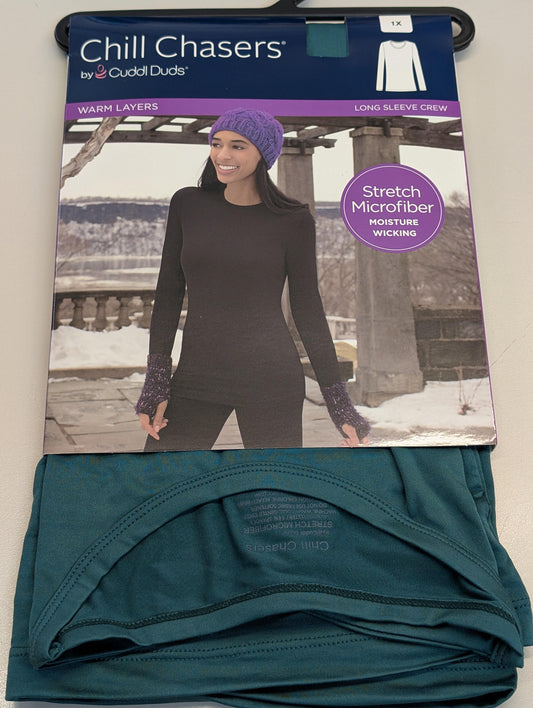 Cuddl Duds CD9485 Womens Chill Chasers Warm Layers Long Sleeve Plus Size Crew Shirt Juniper Green (Pick 1X - 3X)