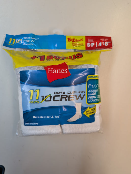 Hanes 421/11 Boys EZ-Sort 11-Pack Crew Socks White Fits Shoe Sizes 4.5 - 8.5