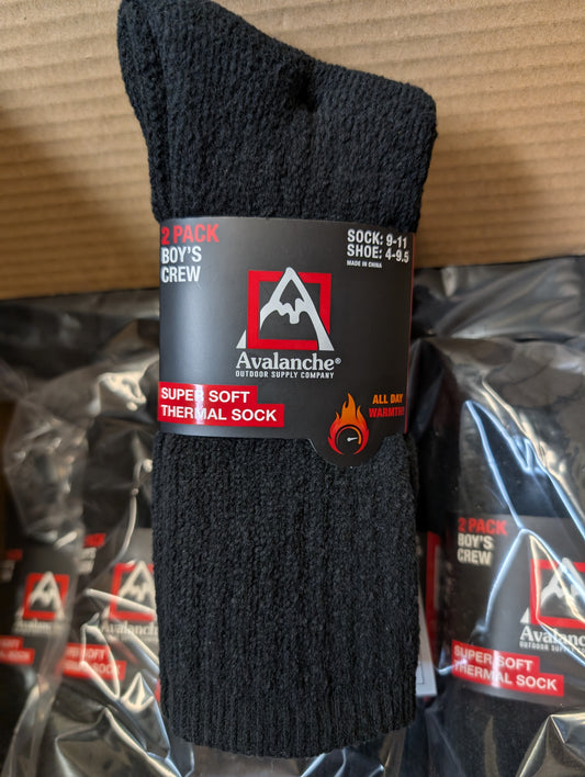 Avalanche Boy's Soft Lined Thermal Crew Socks 2-Pack Black Fits Shoe Sizes 4 - 9.5