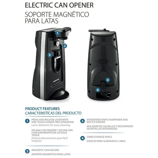 Farberware Electric Can Opener & Knife Sharpener, Bottle Opener with Removable Cutting Lever Black