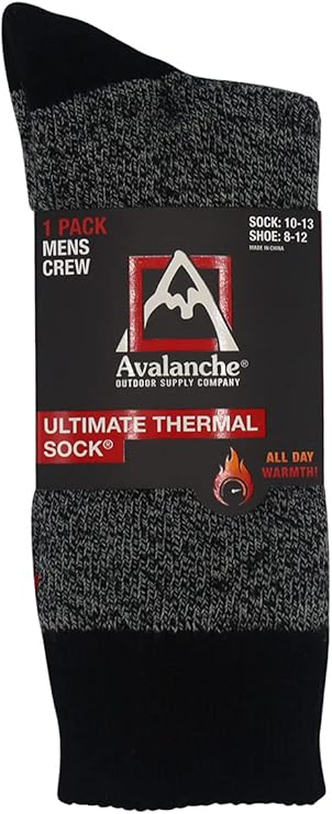 Avalanche Men's Soft Lined Hiking Thermal Crew Socks 1-Pack Charcoal/Black Shoe Sizes 8-12