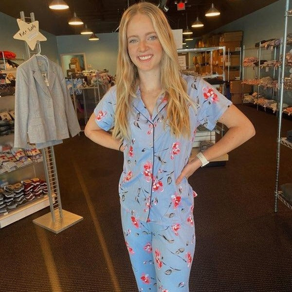 PJ Couture 83133 Women's Two Piece Pants Top Notch Short Sleeve Shirt Pajamas Blue Design (Pick Size Small - 3XL)