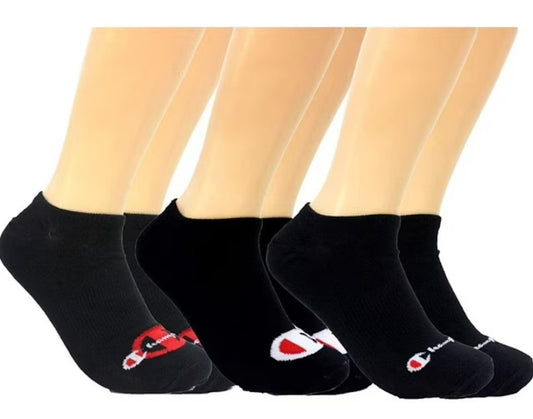 Champion A3344 Men's Multi Logo Super No Show Socks Black 3-Pack Fits Shoe Sizes 6-12