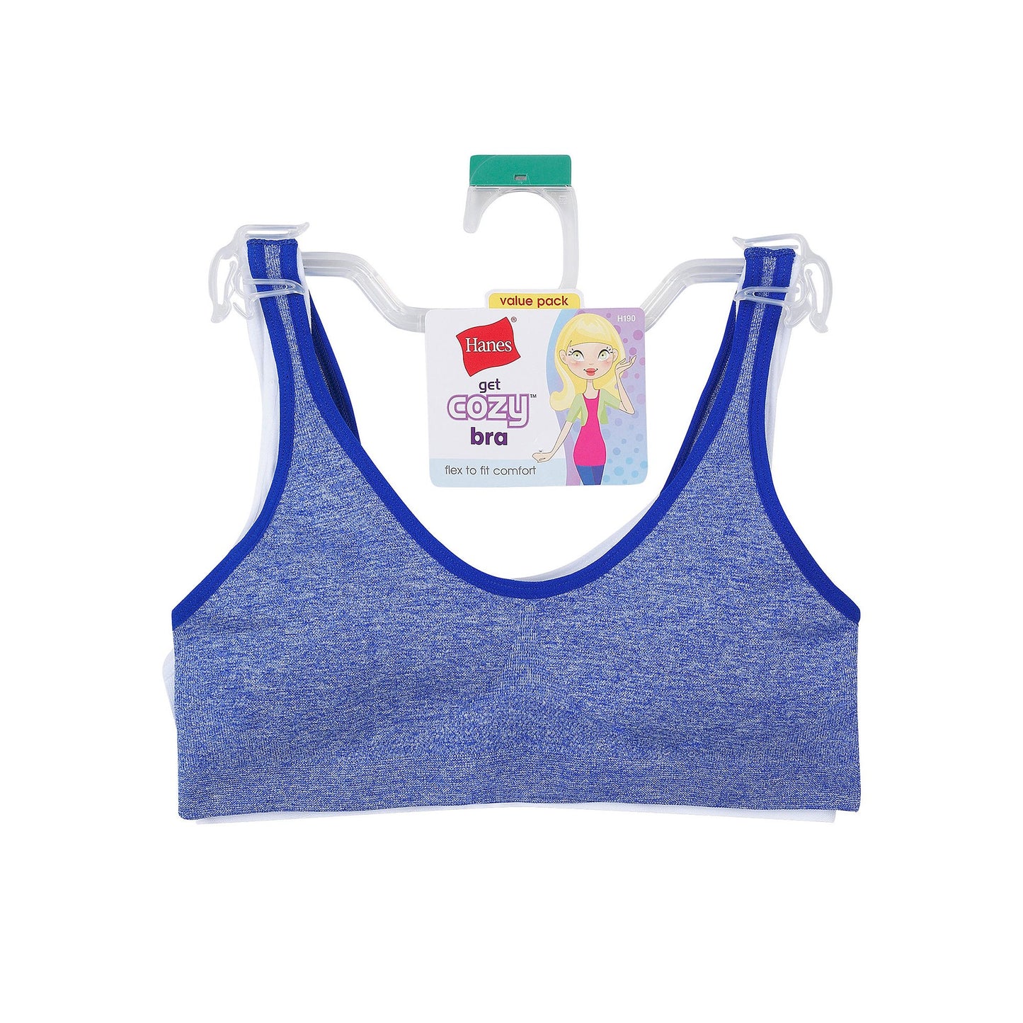 Hanes H190 Hanes Girls Cozy Seamless 2-Pack Wirefree Bra Blue & White (Pick Size)