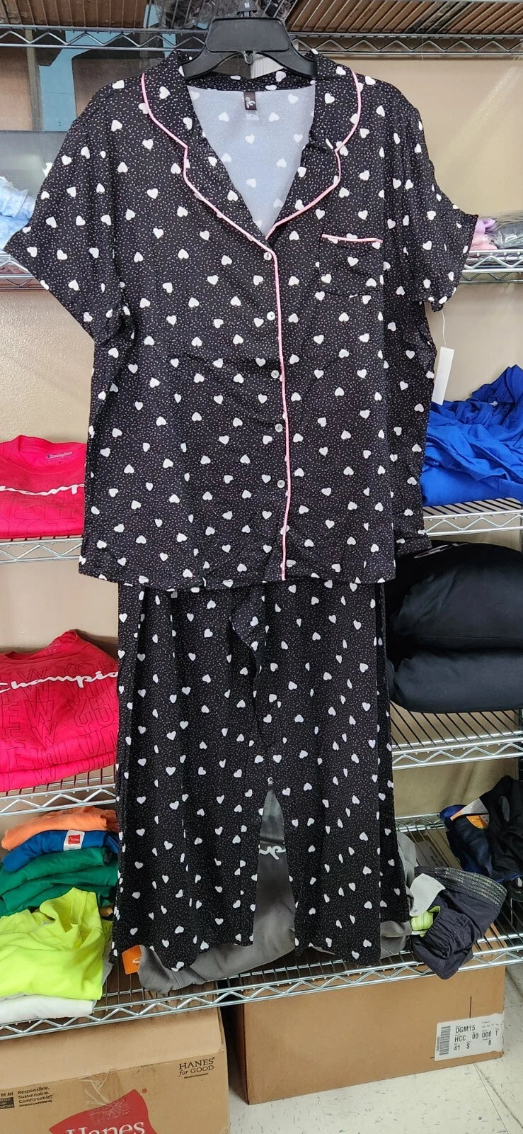 PJ Couture 83133 Women's Two Piece Pants Top Notch Short Sleeve Shirt Pajamas Black w/ Hearts (Pick Size Small - 3XL)