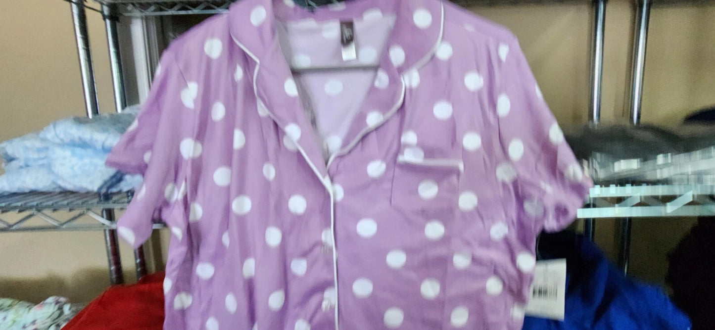 PJ Couture 83133 Women's Two Piece Pants Top Notch Short Sleeve Shirt Pajamas Lilac Dots (Pick Size Small - 3XL)