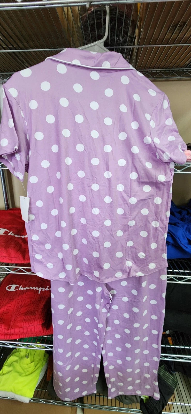 PJ Couture 83133 Women's Two Piece Pants Top Notch Short Sleeve Shirt Pajamas Lilac Dots (Pick Size Small - 3XL)
