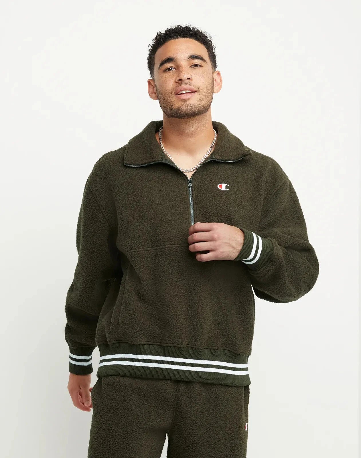 Champion V74958 Men's High Pile Fleece Warmup Jacket Embroidered C Logo Army Green (Pick Size)