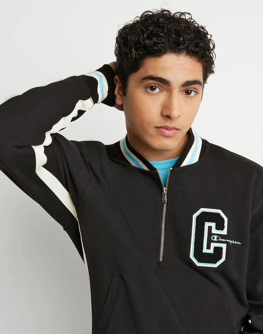 Champion V74895 Men's Champion Reverse Weave 1/4 Zip Embroidered Track Letter Jacket Black (Pick Size)