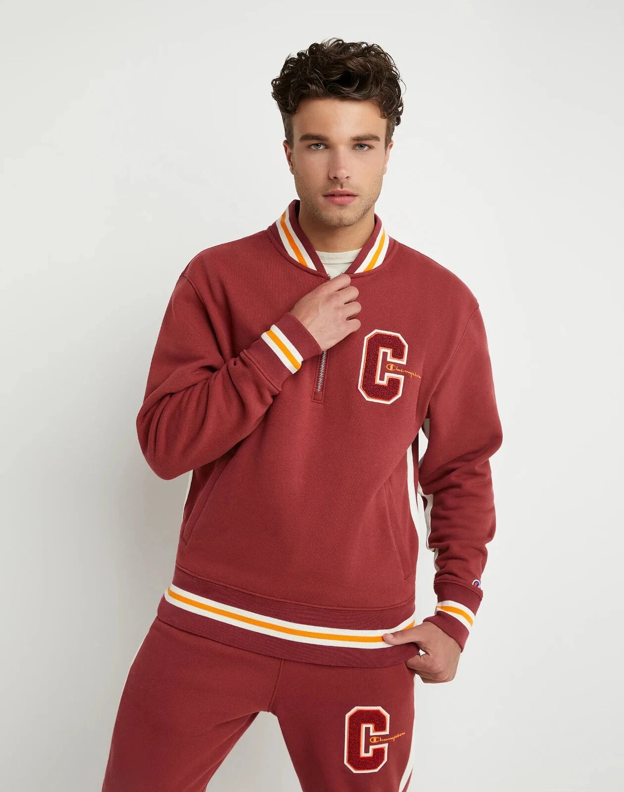 Champion V74895 Men's Champion Reverse Weave 1/4 Zip Embroidered Track Letter Jacket Cardinal (Only MEDIUM Left)