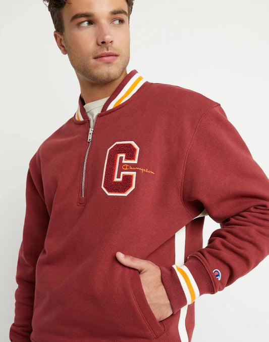 Champion V74895 Men's Champion Reverse Weave 1/4 Zip Embroidered Track Letter Jacket Cardinal (Only MEDIUM Left)