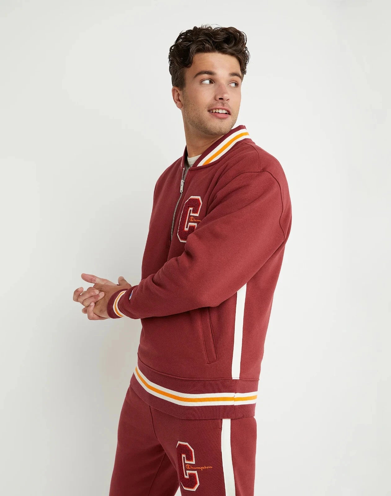 Champion V74895 Men's Champion Reverse Weave 1/4 Zip Embroidered Track Letter Jacket Cardinal (Only MEDIUM Left)