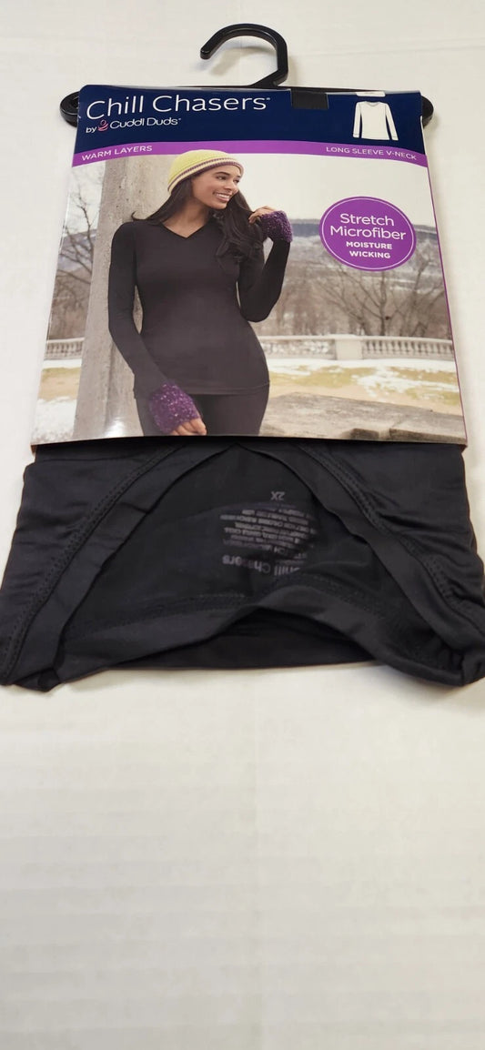 Cuddl Duds CD9585 Women's Chill Chasers Warm Layers Long Sleeve V-Neck Shirt Black (Pick 1X - 3X)