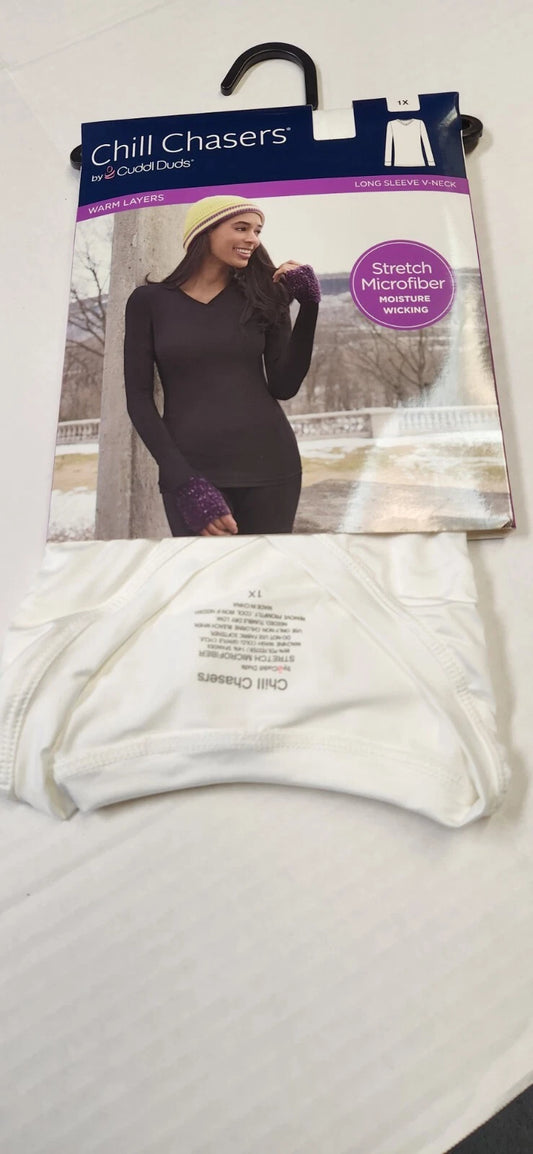 Cuddl Duds CD9585 Women's Chill Chasers Warm Layers Long Sleeve V-Neck Shirt Ivory (Pick 1X - 3X)